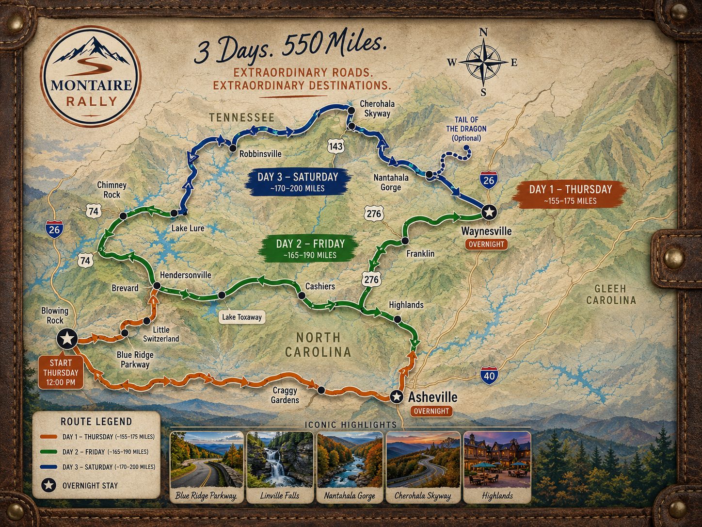 Illustrated map of the three-day Montaire Rally route through the North Carolina and Tennessee mountains