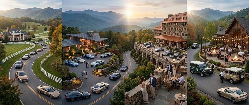 Mountain lodge and village at sunset