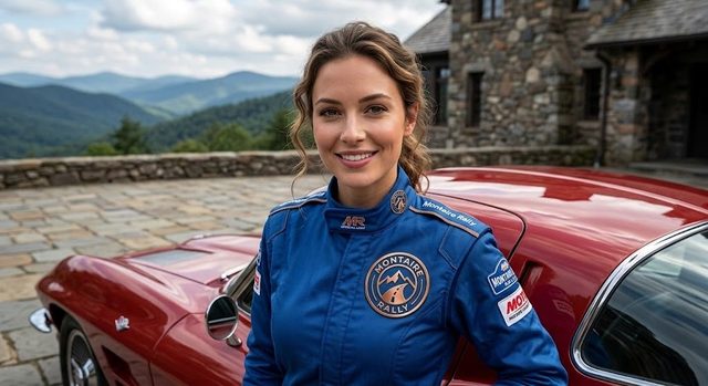 Driver in a blue racing suit beside a red classic