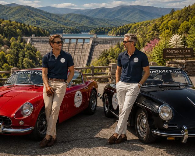 Two drivers with Porsches at a mountain dam