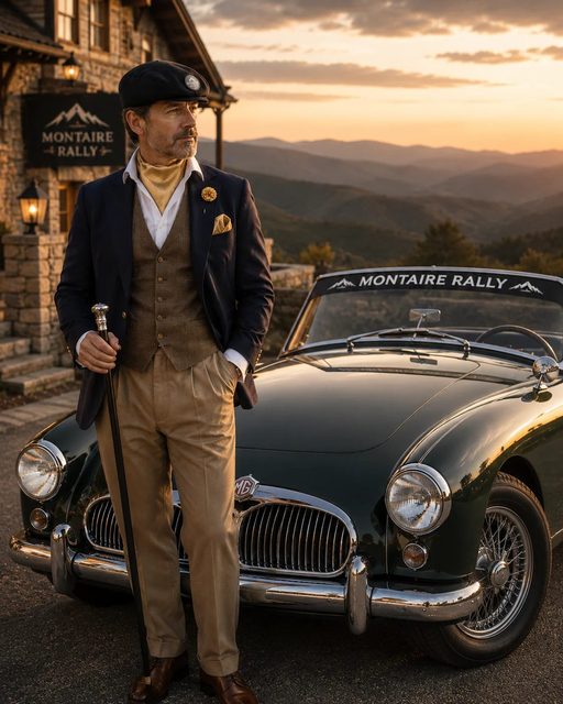 Driver standing beside a black classic roadster