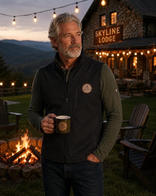 Driver with a mug beside a fire pit at the lodge