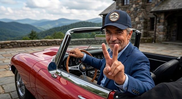 Driver flashing a peace sign in a red convertible